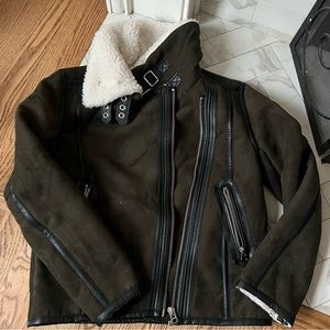 H and m h&m Sherpa green army jacket with leather detailing